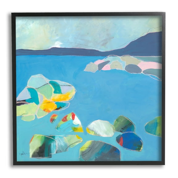Stupell Industries Contemporary Rocks in Bay Landscape Painting Black Framed Art Print Wall Art, 12 x 12