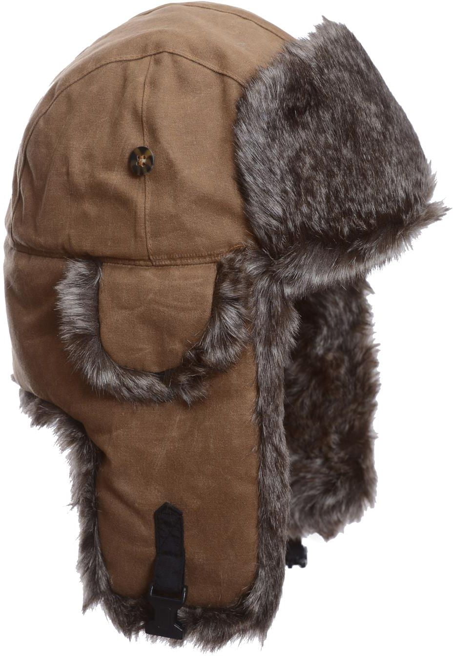 Khaki Waxed Cotton Faux Fur Bomber Hat 
