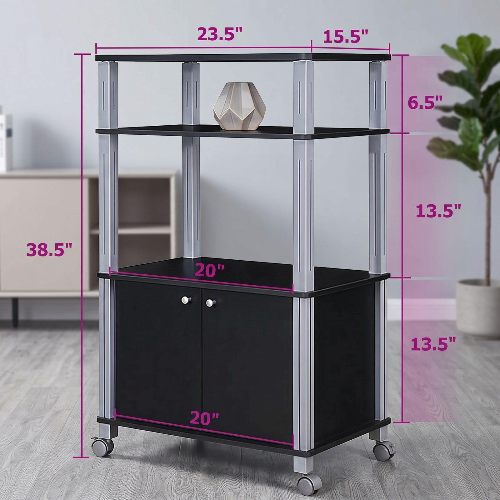 RUIE 3-Tier Microwave Stand with 2-Door Cabinet, Rolling Kitchen Storage Cart for Dining Room, Black