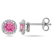 1-1/6 Carat T.G.W. Round Pink Sapphire and Diamond Accent Sterling Silver Earrings