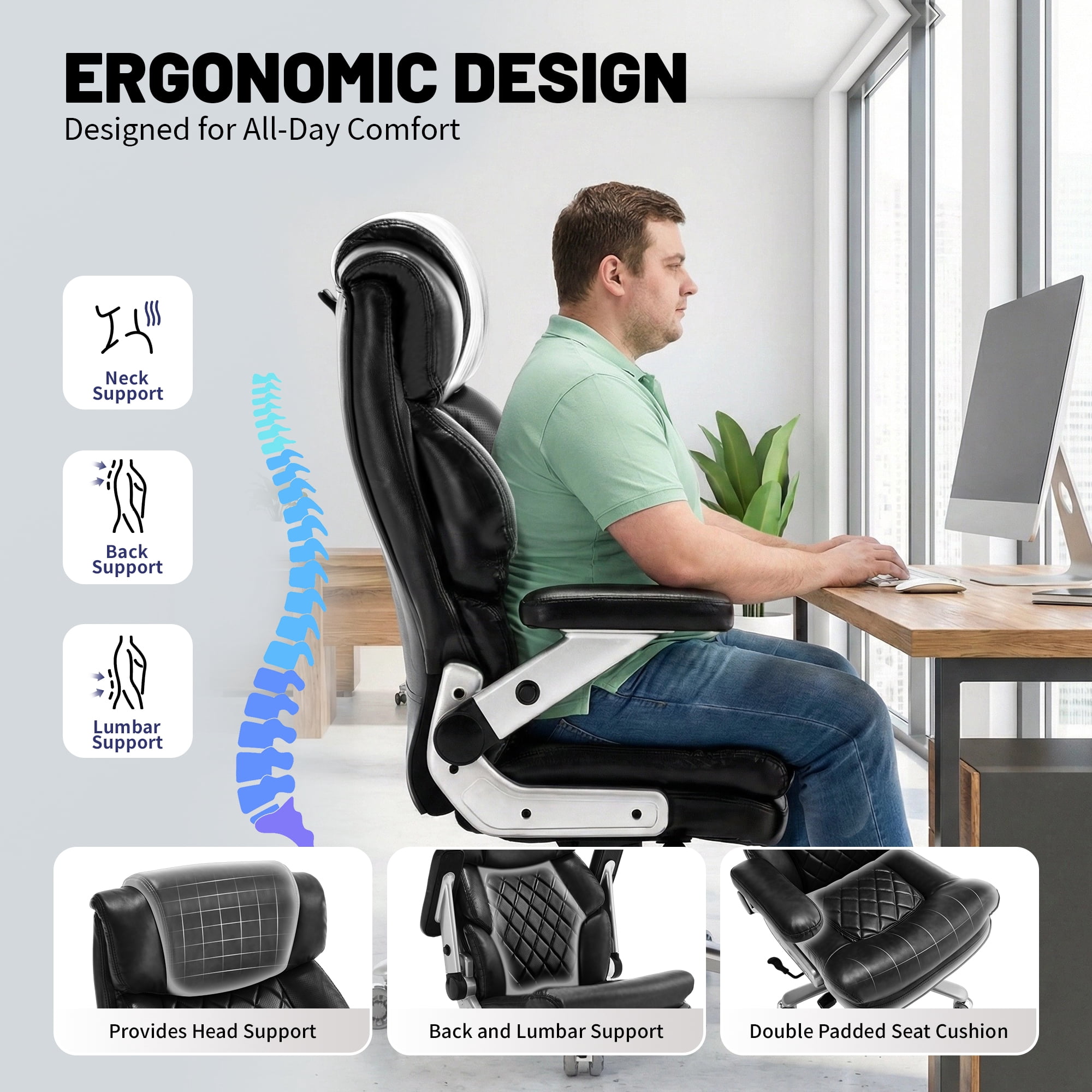 Qusaphy Big & Tall Office Chair 800LBS Heavy Duty - Ergonomic PU Leather Chair with 5D Armrests, 90°-120° Recline, Silent Wheels