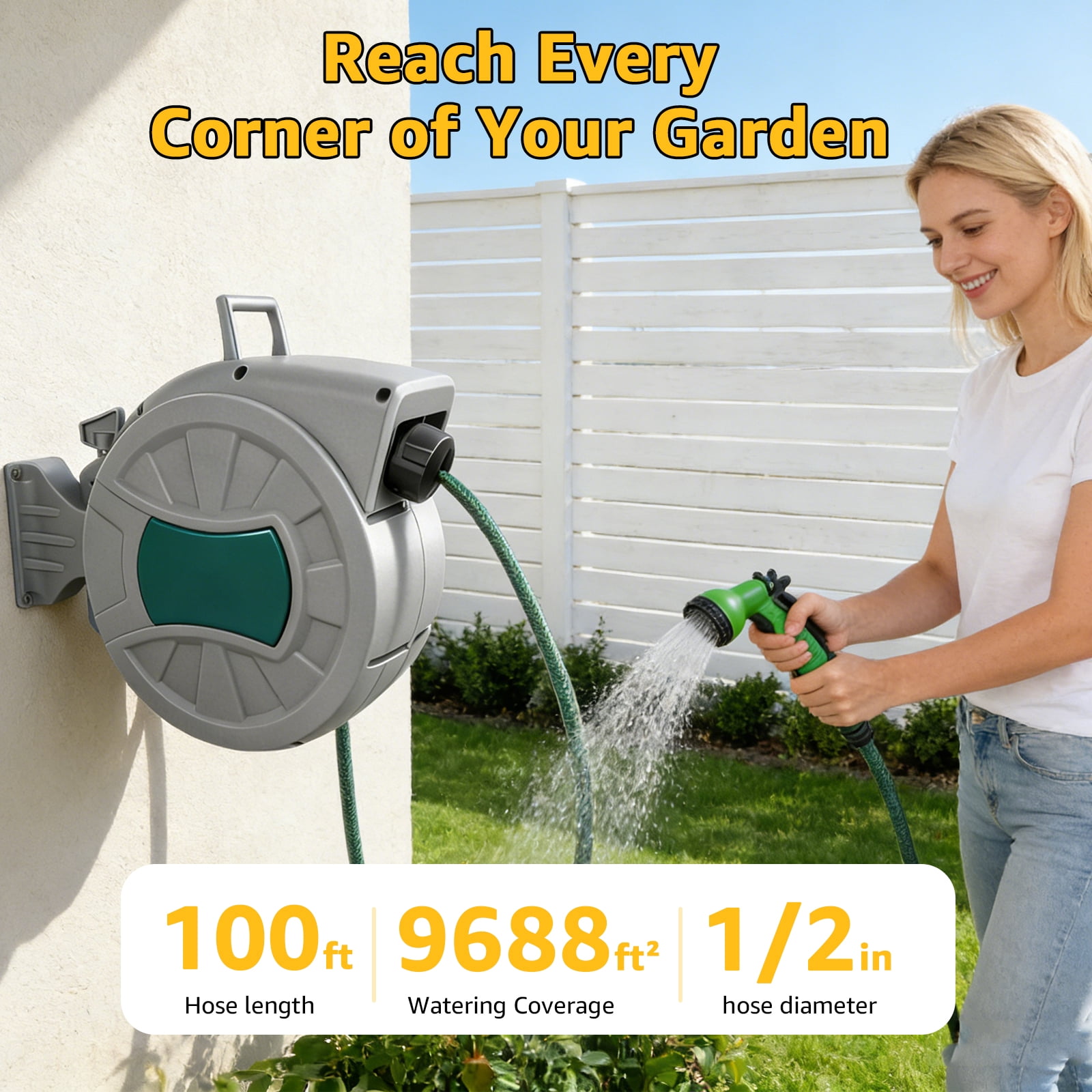 XYJBHB 100 FT Retractable Garden Hose Reel 1/2", Heavy Duty Wall Mounted Water Hose with 150 PSI Anti-Kink Pipe, All-Weather Durable, 180° Swivel & 7-Pattern Nozzle for Car Wash, Pet Bath & Gardening