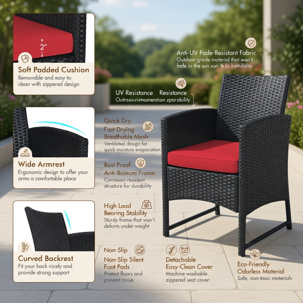 Hommoo 4-Piece PE Rattan Patio Furniture Set with Weatherproof Cushions, Tempered Glass Coffee Table, Loveseat & 2 Single Sofas for Backyard, Balcony, Poolside, Red