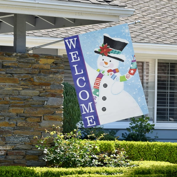 Blue and White Happy Snowman Welcome Outdoor House Flag 28" x 40"