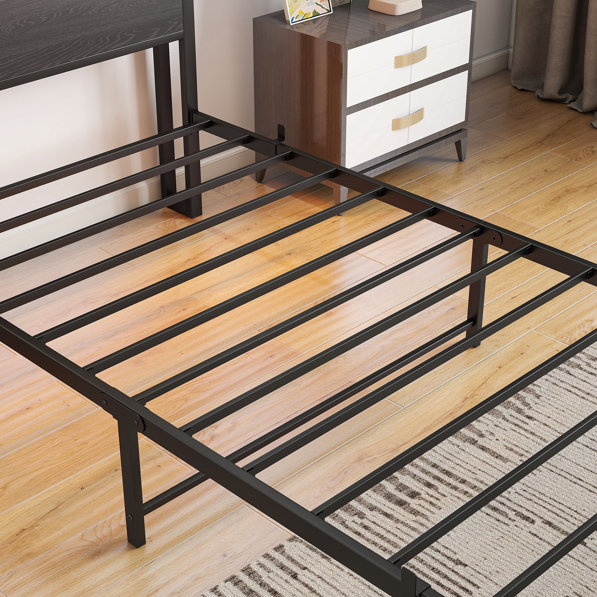 Miniyam Metal Twin Size Bed with Storage Headboard, LED Light, Charging Station for Adult, Black