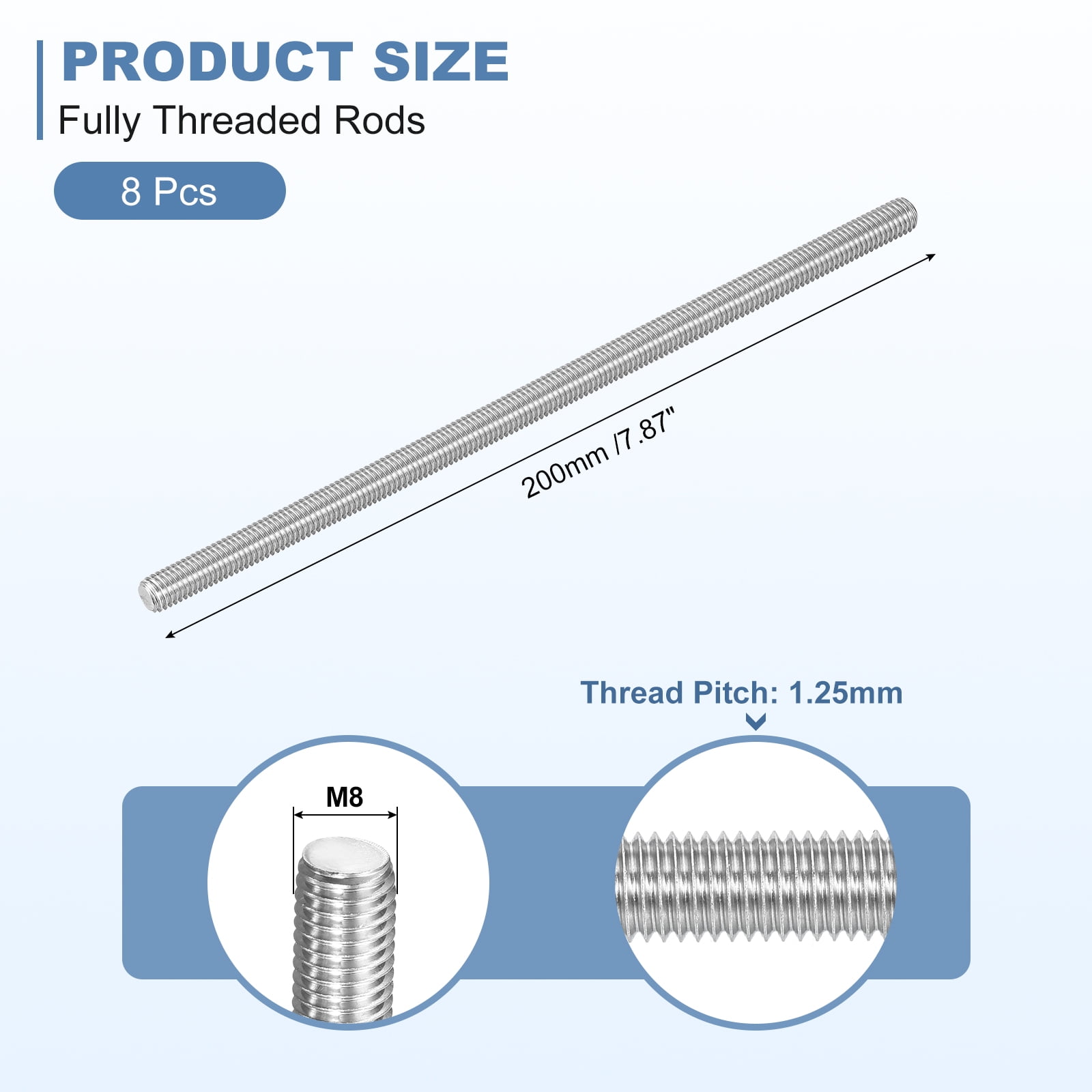 8Pcs M8-1.25x200mm Fully Threaded Rods, 304 Stainless Steel Thread Bar Studs