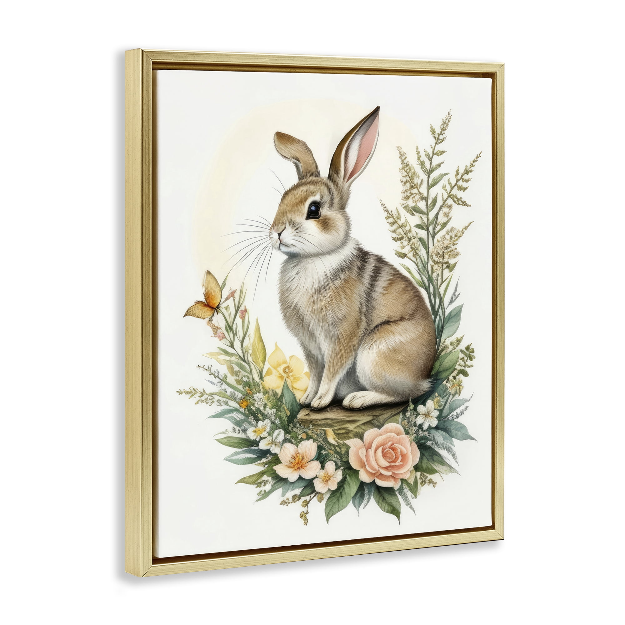 Stupell Industries Rabbit Among Flowers Animals & Insects Painting Gold Floater Framed Canvas Art Print Wall Art, 17 x 21