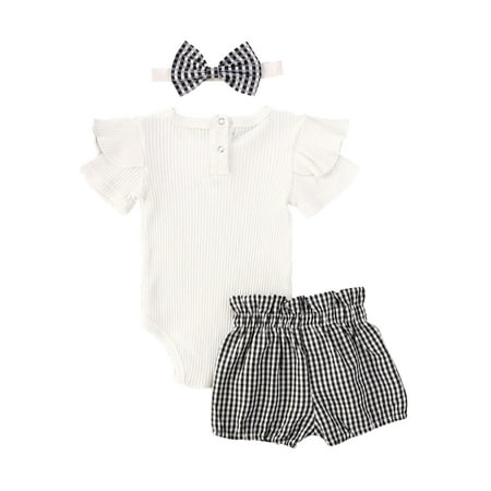 

3PCS Summer Baby Girls Ruffle Romper Bodysuit Knitted Tops Plaid High Waist Pants Halen Pants Baby Girls Clothing Outfits