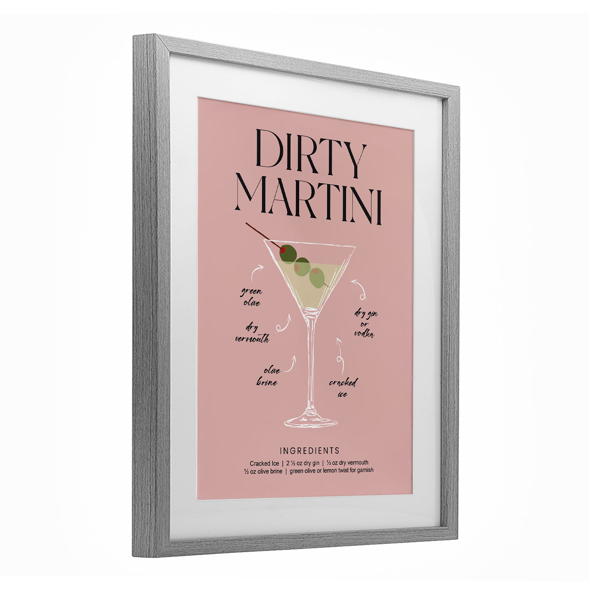 Stupell Industries Dirty Martini Pink Recipe Gray Framed Print Under Glass, design by Lettered and Lined