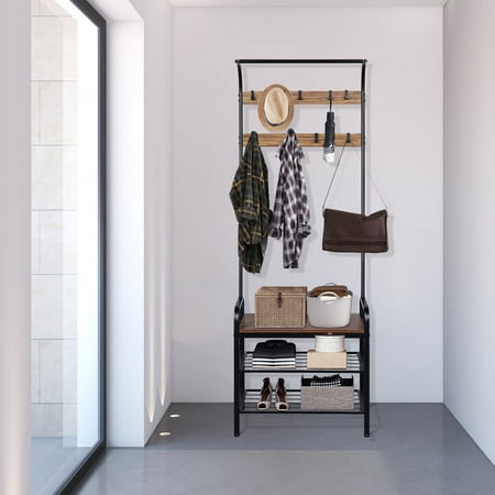 Costway Industrial Coat Rack Shoe Bench Hall Tree Entryway Storage Shelf With 9 Hooks Walmart Canada