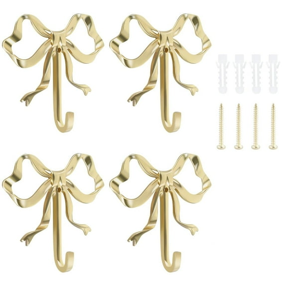 Command Hooks - Qyaukm 4-Pack Bow Shaped Hooks, Decorative Brass Wall Hooks for Towels, Hats, Bags, Keys, Bathroom Bedroom Living Room, Gold Bow Hangers S, 4X Brass Bow Hooks