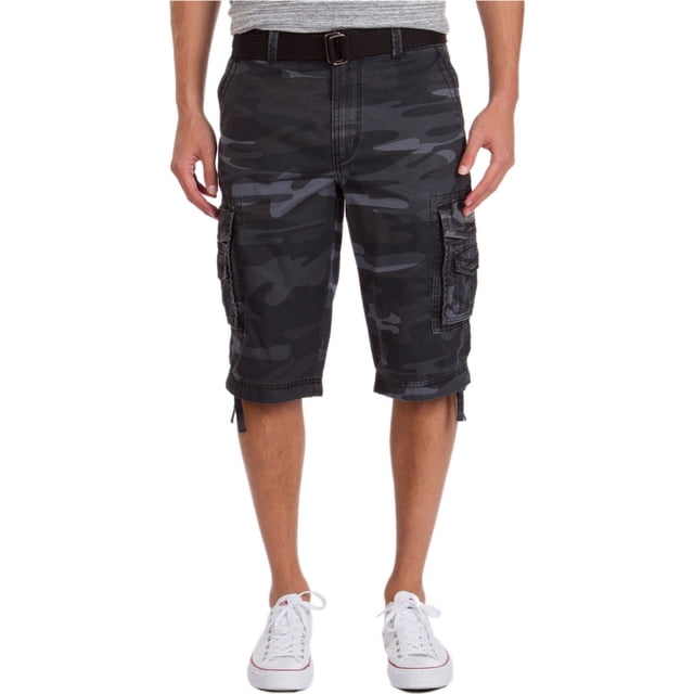 unionbay mens camo casual cargo shorts, gris, 32 unionbay carga Shorts cargo UnionBay gris con camuflaje oscuro, vista frontal centrada hasta debajo de la rodilla; cintura con trabillas y cierre de bragueta con cremallera, cordón interior, bolsillos cargo laterales con solapa, bolsillos delanteros y traseros, tejido 100% algodón, uso informal; a menudo usados para actividades al aire libre ligeras o paseos urbanos.