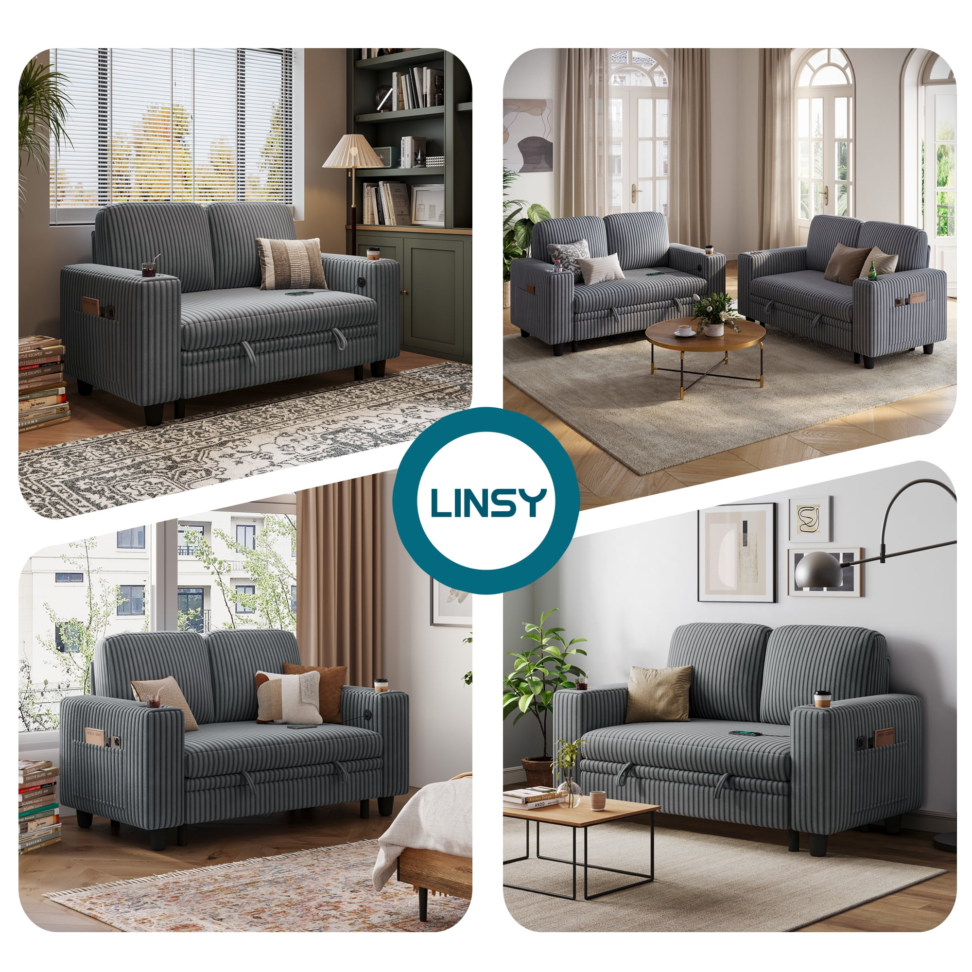 LINSY HOME Pull Out Couch Chaise Lounge for Living Room, Convertible Loveseat Sofa Couch With Usb & Cup Holder, Dark Gray