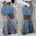 thumbnail image 4 of YDLCAFD Women High Waist Patchwork Flare Jeans Plaid Bottom Ruffle Hem Denim Long Pants Trousers S, 4 of 6