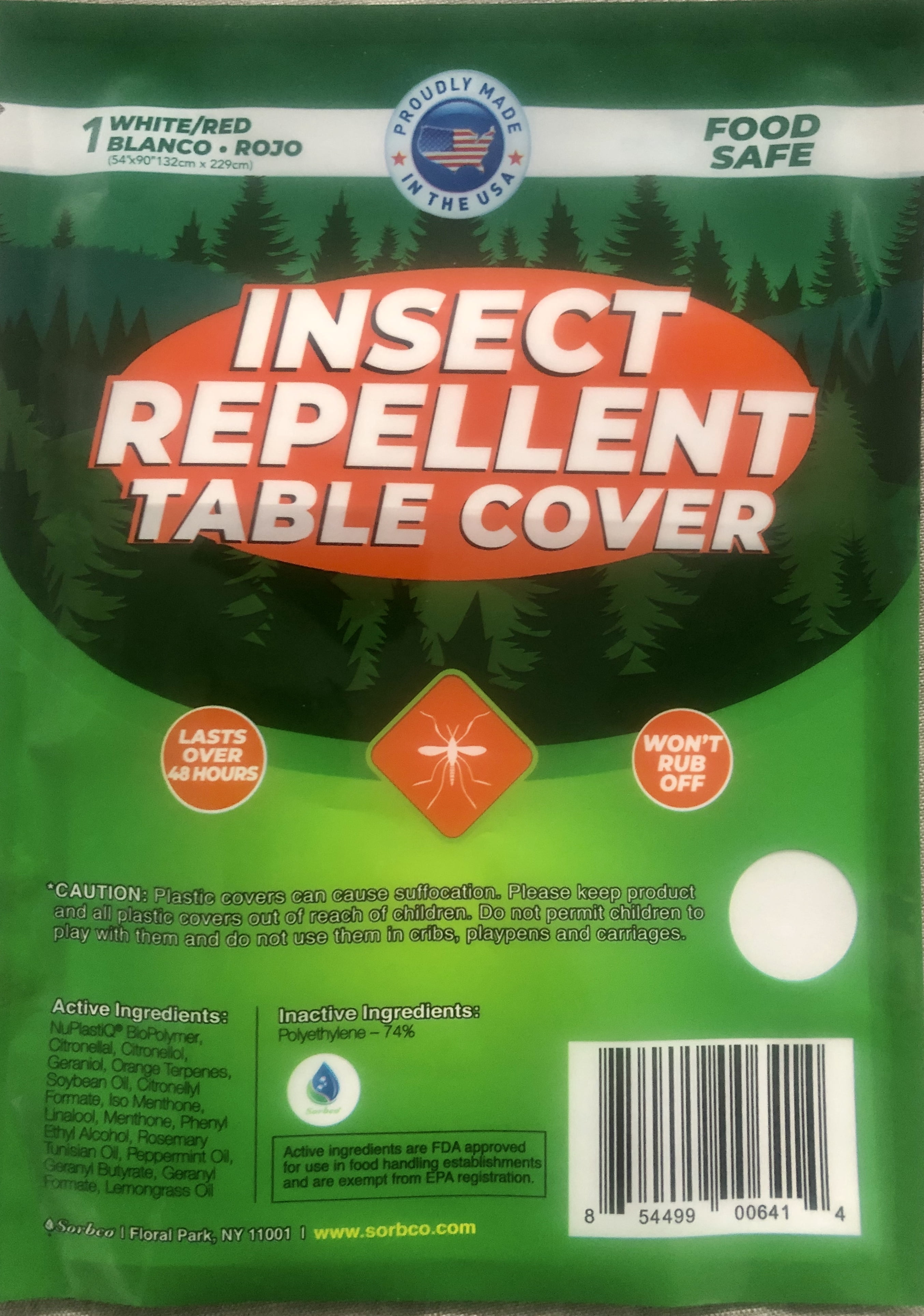 Sorbco Insect Repellent Table Cover, White/Red, 54" x 90"