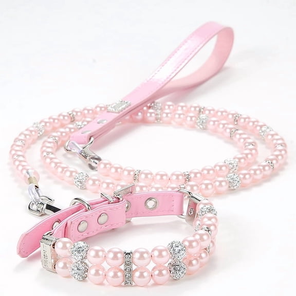 Mictong pet collar and leash set, durable and attractive plastic collar and leash set, artificial pearl collar and leash set, practical collar and leash set, 1 piece, M size, pink style B