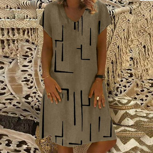 Pisexur Robe à Manches Courtes à Col en V Mode Femmes Décontractée Ample à Rayures Patchwork Col en V Manches Courtes Robe Femmes Robe