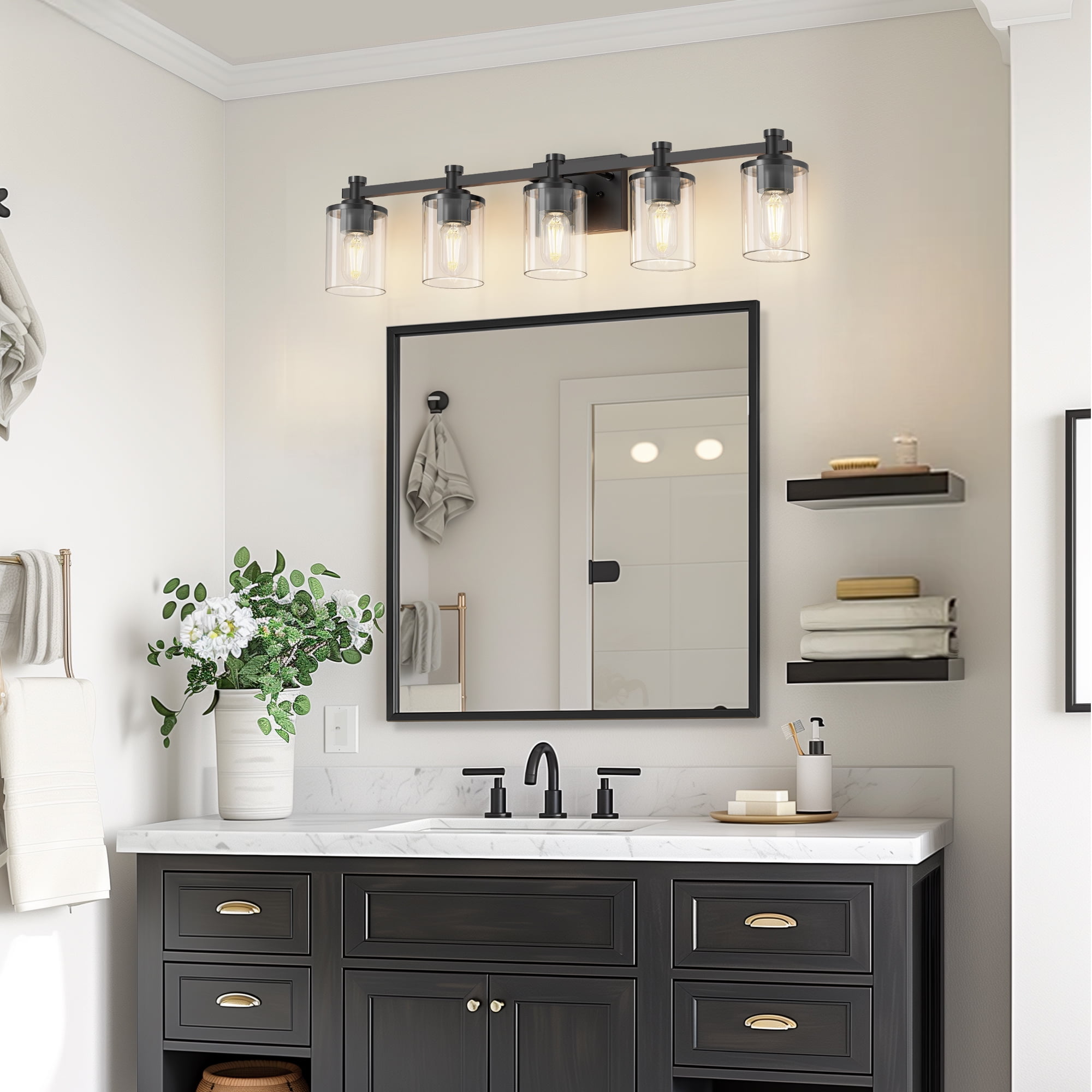 Briignite 5-Light Bathroom Lighting Fixture, Vanity Lamp with Clear Glass Shades, Industrial Wall Mounted Light for Restroom, Black Finish