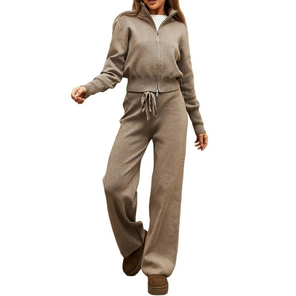 Women'S 2 Piece Outfits Casual Lapel Zip Sweatshirts and Wide Leg Pants Tracksuit Sets Khaki M