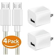 Charger, Certified 5W Universal Portable Travel USB Wall Charger Adapter w/Nylon Braided Micro 10FT USB High-Speed Cable for Samsung, LG, Motorola, Nexus, HTC, Google, Sony, Android and More (4 Pack)