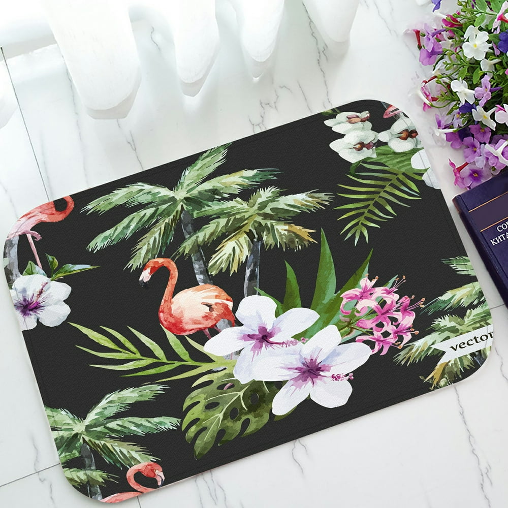 ECZJNT watercolor hawaii tropical palm flamingos Welcome Doormat Bath