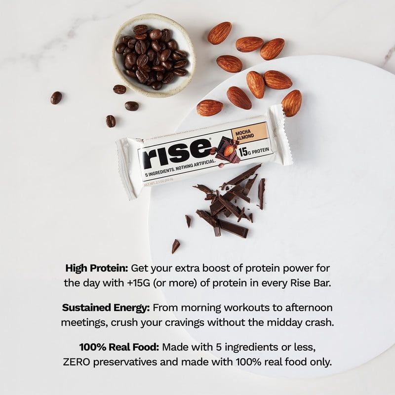 Rise Whey Protein Bars - Mocha Almond | Breakfast Bar & Protein Snack 15g Protein 4g Fiber Just 5 Whole Food Ingredients Gluten-Free Soy Free (12 Count)