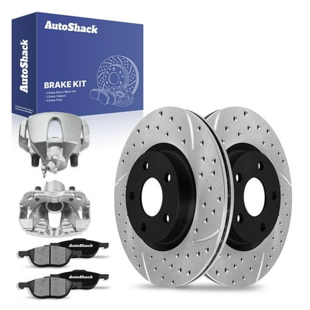 AutoShack Front Drilled & Slotted Brake Rotors Ceramic Brake Pads Calipers | Replacement for 2013 Ford Escape 1.6L 2.5L FWD | E-Coated | 8-PC Brake Kit | ShadowGuard