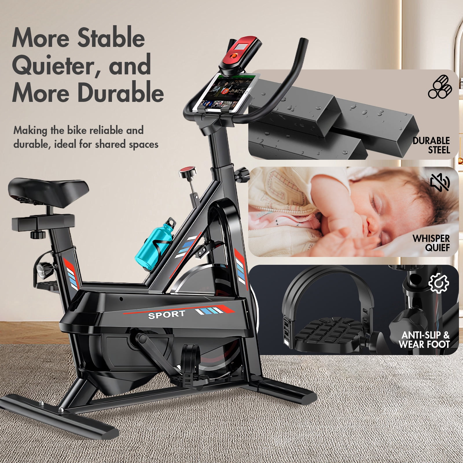 Arcon Exercise Bike, Indoor Cycling Bike, Stationary Bike for Home Cardio Gym with Silent Belt Drive, Workout Bike With Digital Display & Comfortable Seat, Black and Red