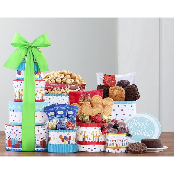Wine Country Gift Baskets, Make a Wish Gift Tower Gourmet Birthday Snacks Cakes