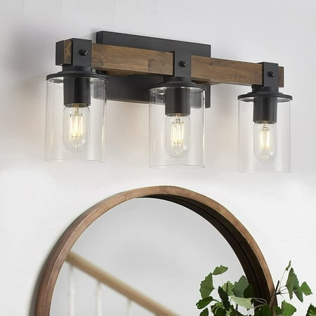 

3-Light Farmhouse Vanity Lights Rustic Wood Bathroom Lighting Fixtures Industrial Vintage Metal Wall Sconces Light with Clear Glass