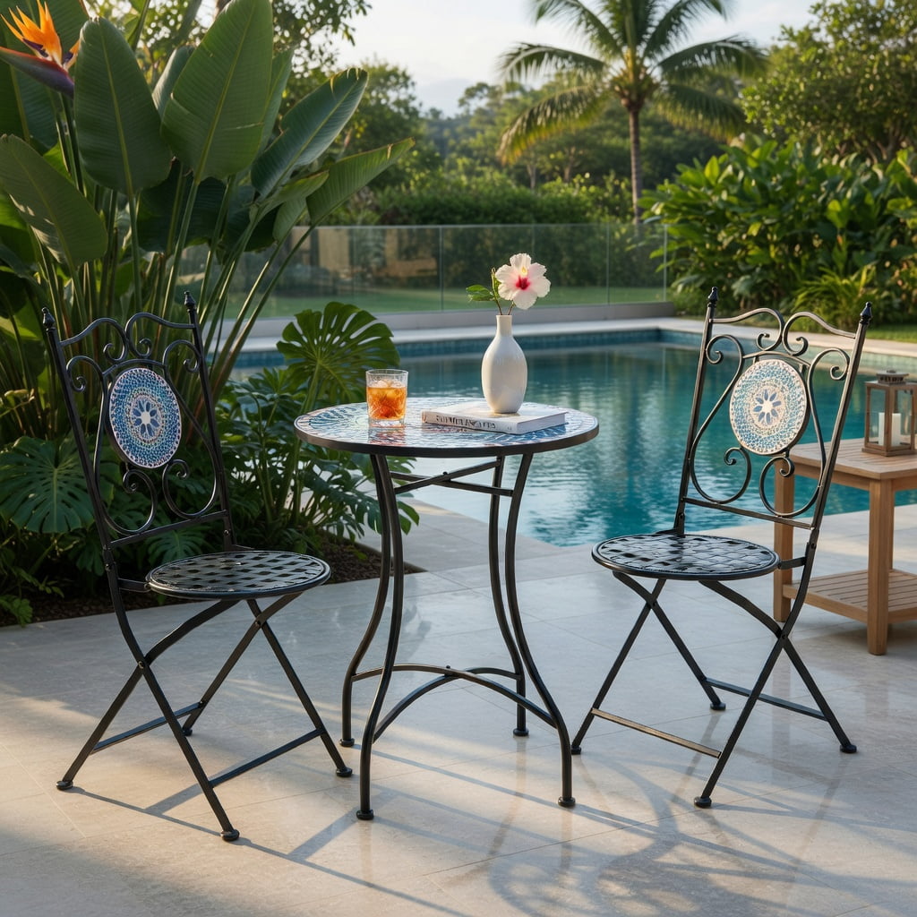 Hommoo 2-Pack Folding Patio Chairs with Mosaic Tile Design, Heavy-Duty Metal Frame, Indoor/Outdoor Use, Black