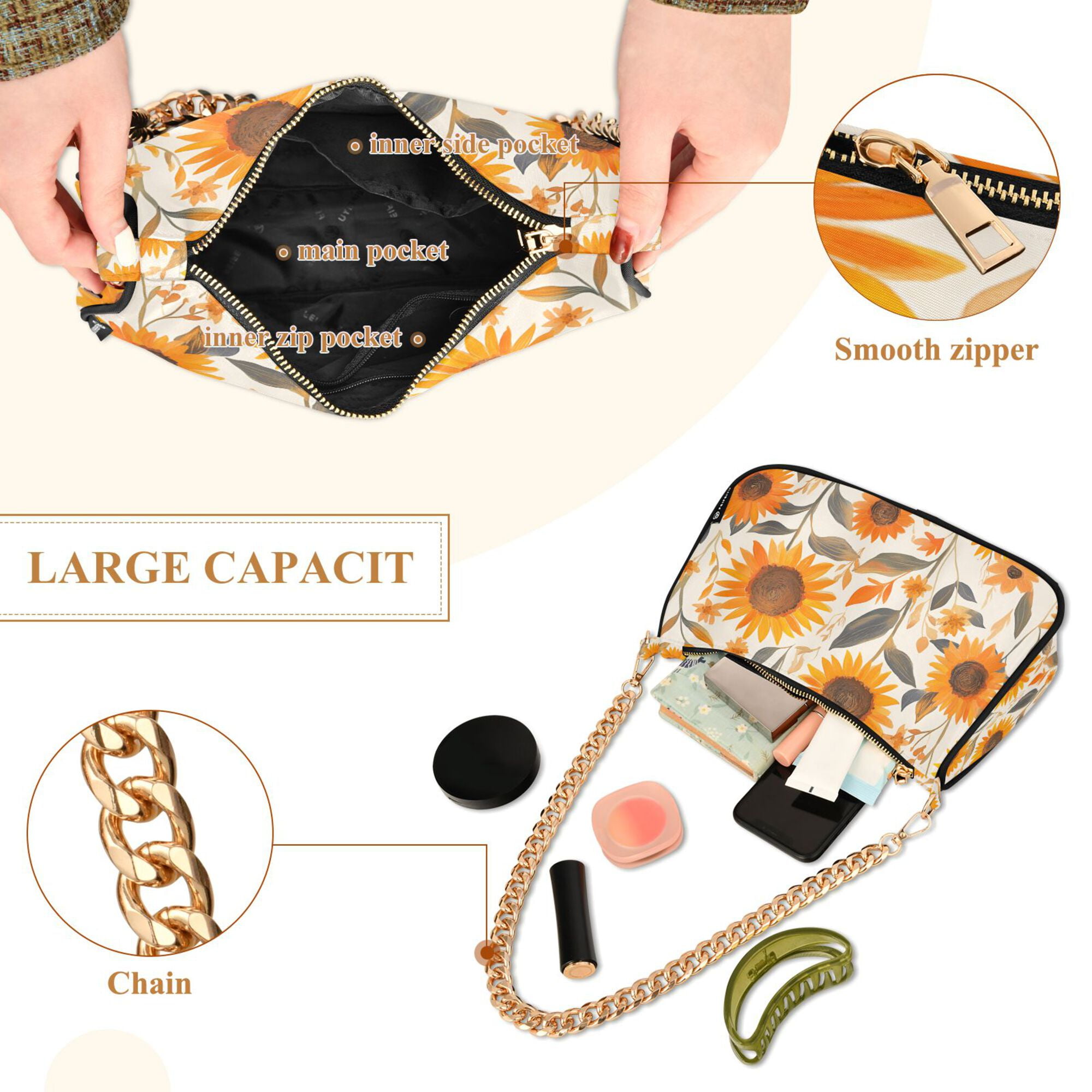 FORMRS Womens Shoulder Bag with Chain Strap Clutch Purse Cute Tote Handbag, Watercolor Sunflowers and Leaves