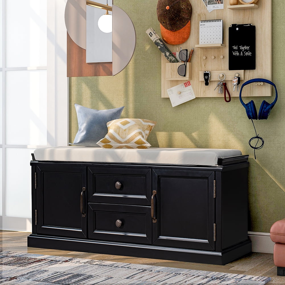 Lowestbest Storage Bench with 2 Drawers and 2 cabinets, Shoe Bench with Removable Cushion for Living Room, Entryway (Black) Lowestbest Storage Bench with 2 Drawers and 2 cabinets, Shoe Bench with Removable Cushion for Living Room, Entryway (Black)