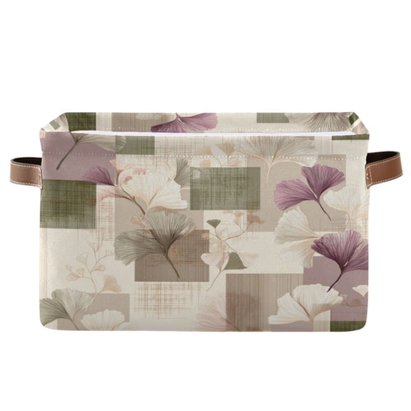 1-Pack Square Closet Organizers with Handles Open Basket Bins Squares and Ginkgo Leaves Pattern Storage Basket for Home Office