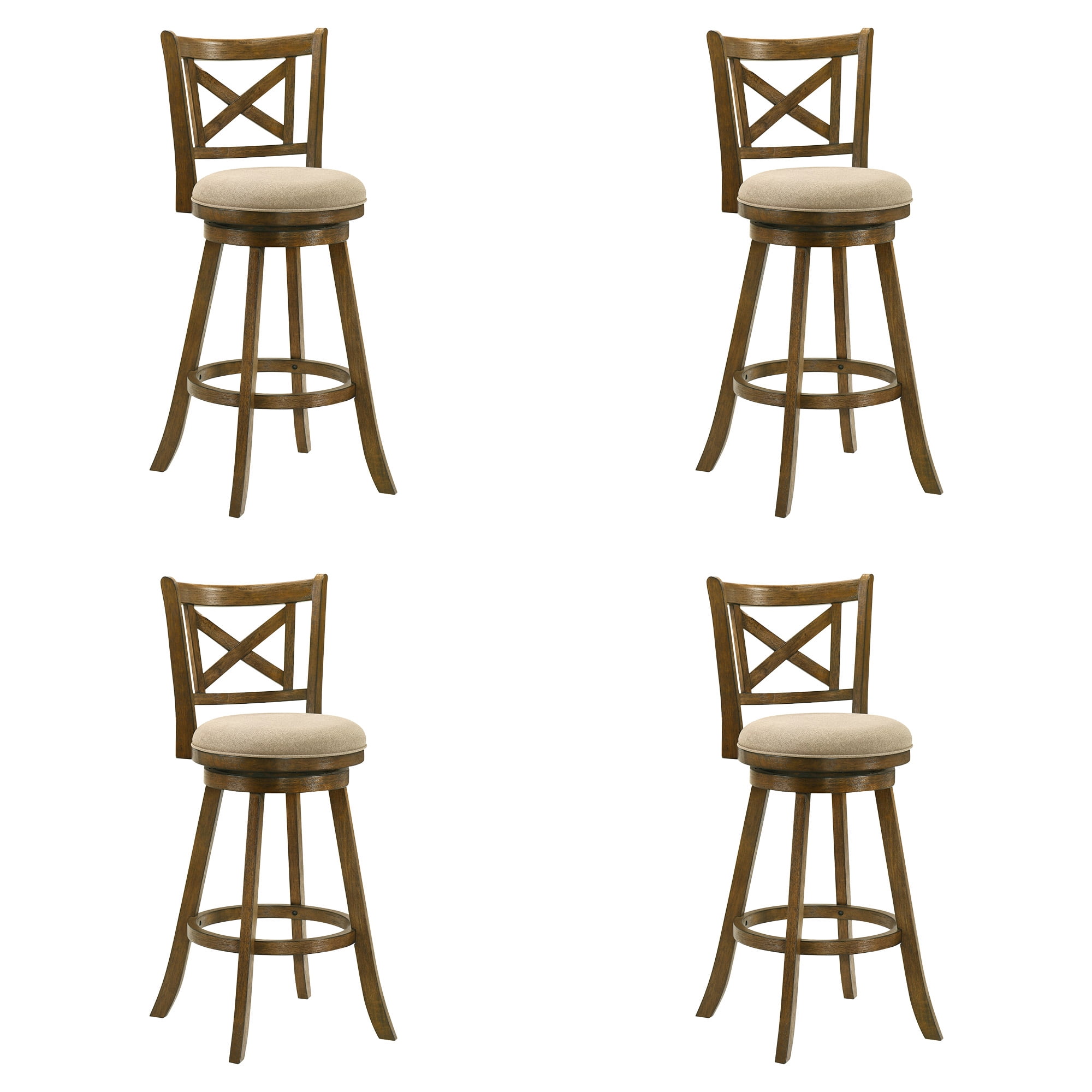 Kodi Modern Farmhouse Swivel Wood Bar Height Kitchen Bar Stool in Sepia Brown Finish with Light Scone Fabric Upholstered Seat - Set of 4