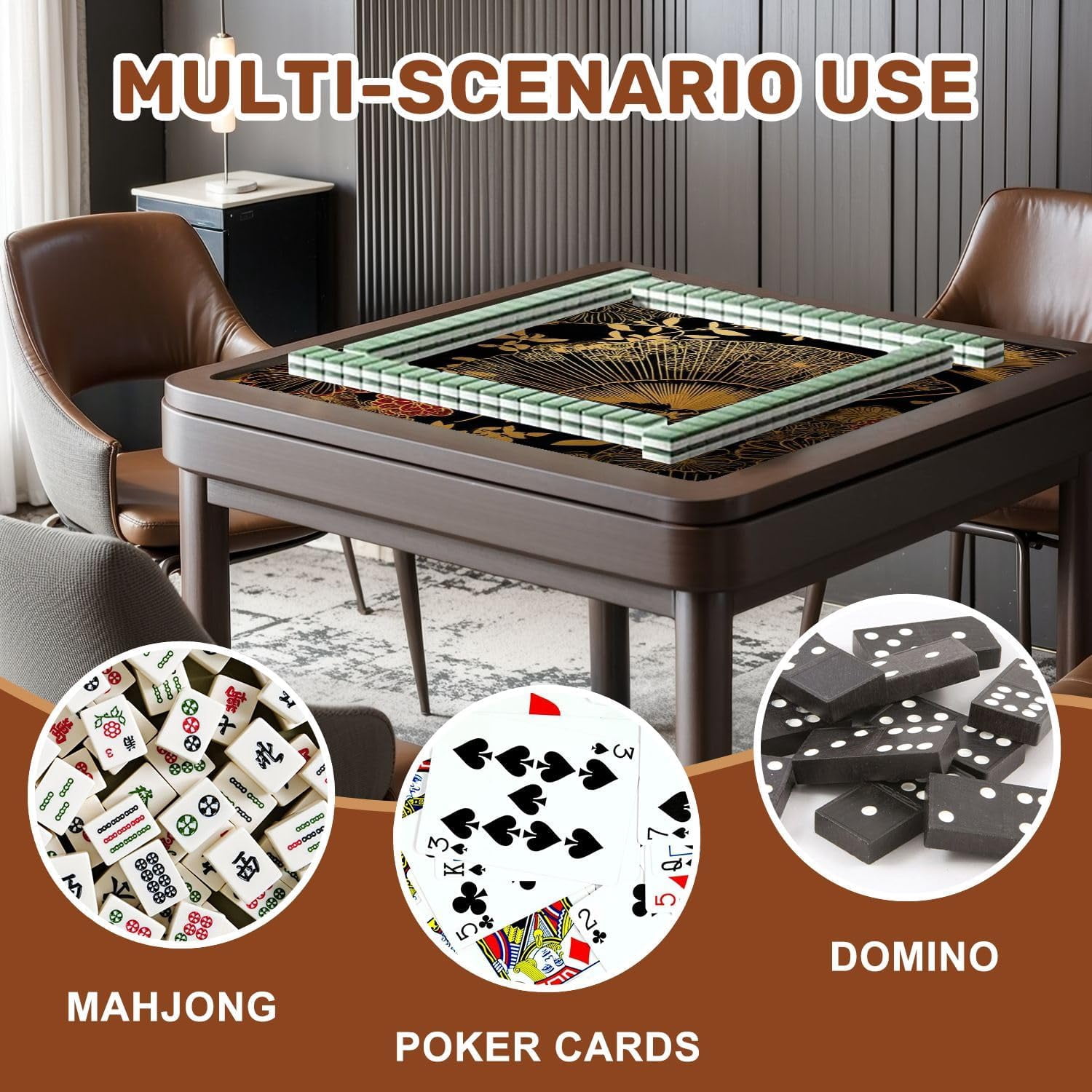 Mahjong Mat 31.5" x 31.5" Fan Flower Unbrella Japanese Chinese Seamless Design Gold Black Non-Slip Noise Reduction Mahjong Tiles Table Cover for Dominoes Poker Card Board and Tile Games