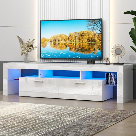 UHOMEPRO TV Stand for TV up to 80", Living Room Entertainment Center with RGB LED Lights, APP and Remote Control, White High Gloss TV Cabinet Console Table
