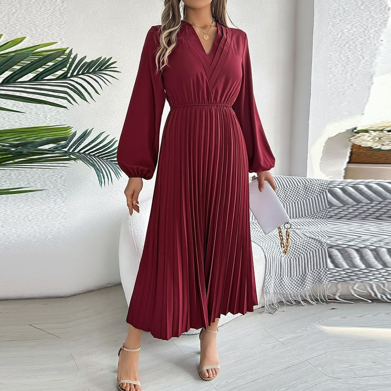 Formal Dresses Karen Millen Red Midi Dress Women's Pleated Dress Solid  Color Long Sleeve Stand Collar