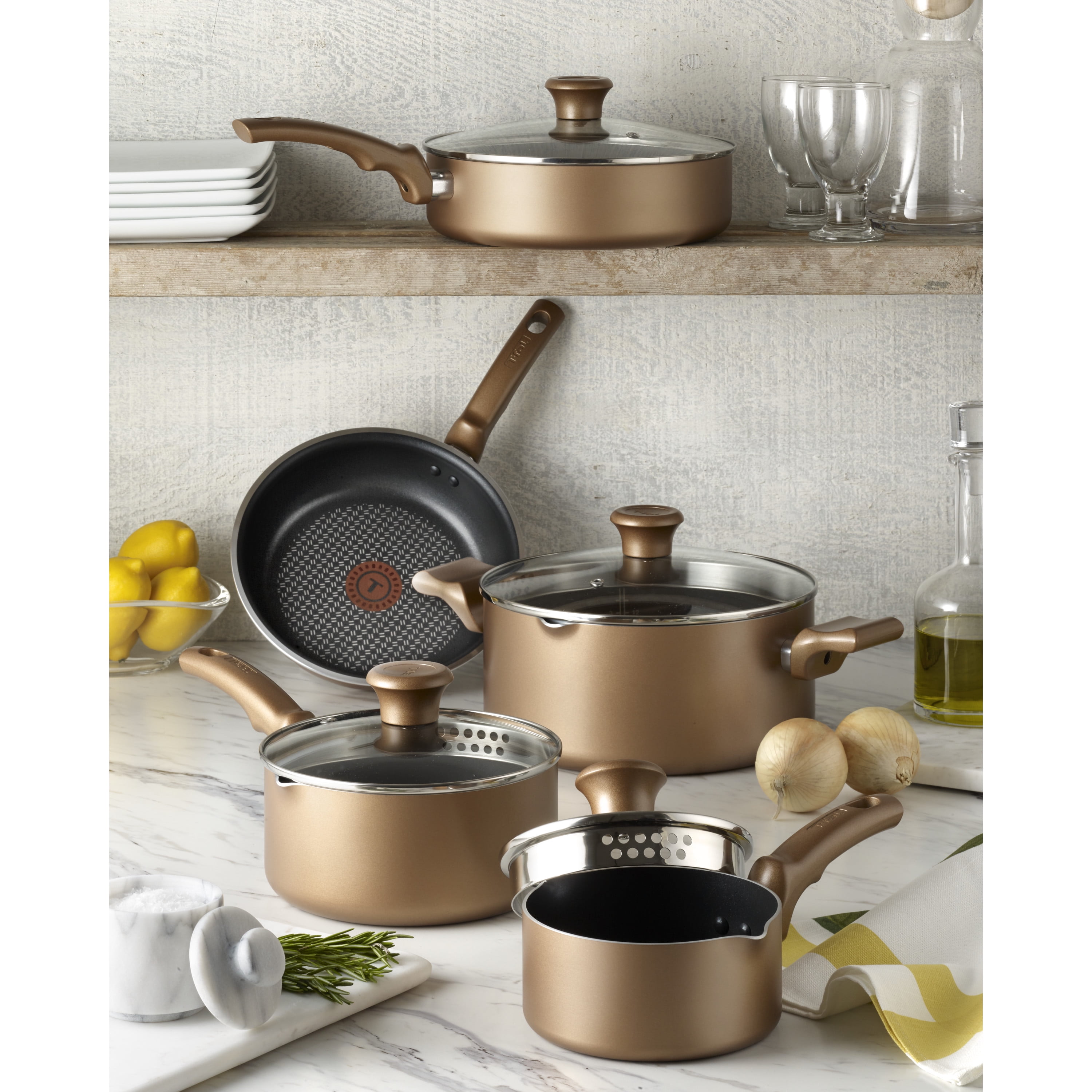T-Fal B036SE64 Excite 14-Piece Non-stick Cookware Set - Bronze
