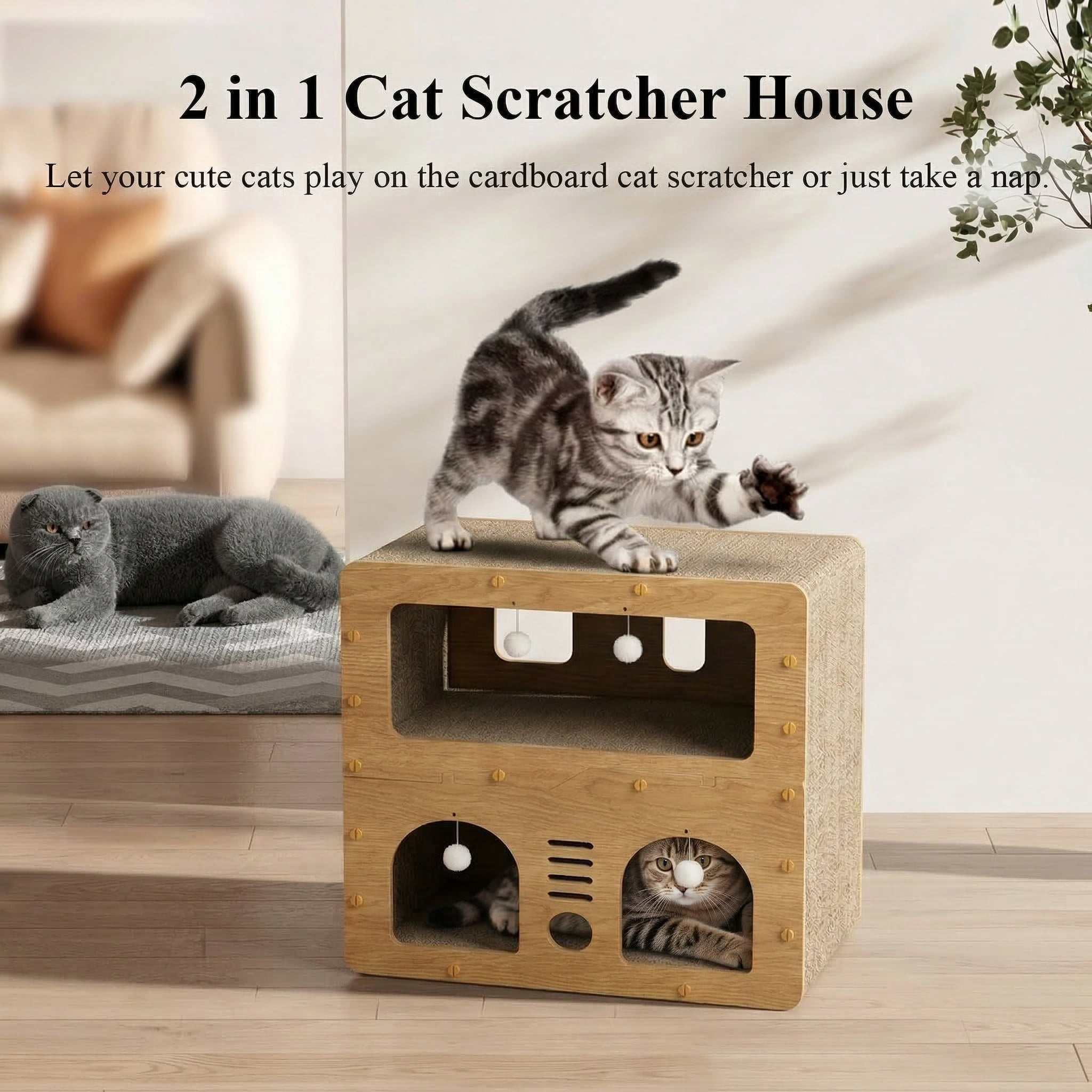 LCOKEIY  Natural Wood Wooden Cat Tree Tower, for Cats up to 20 lbs