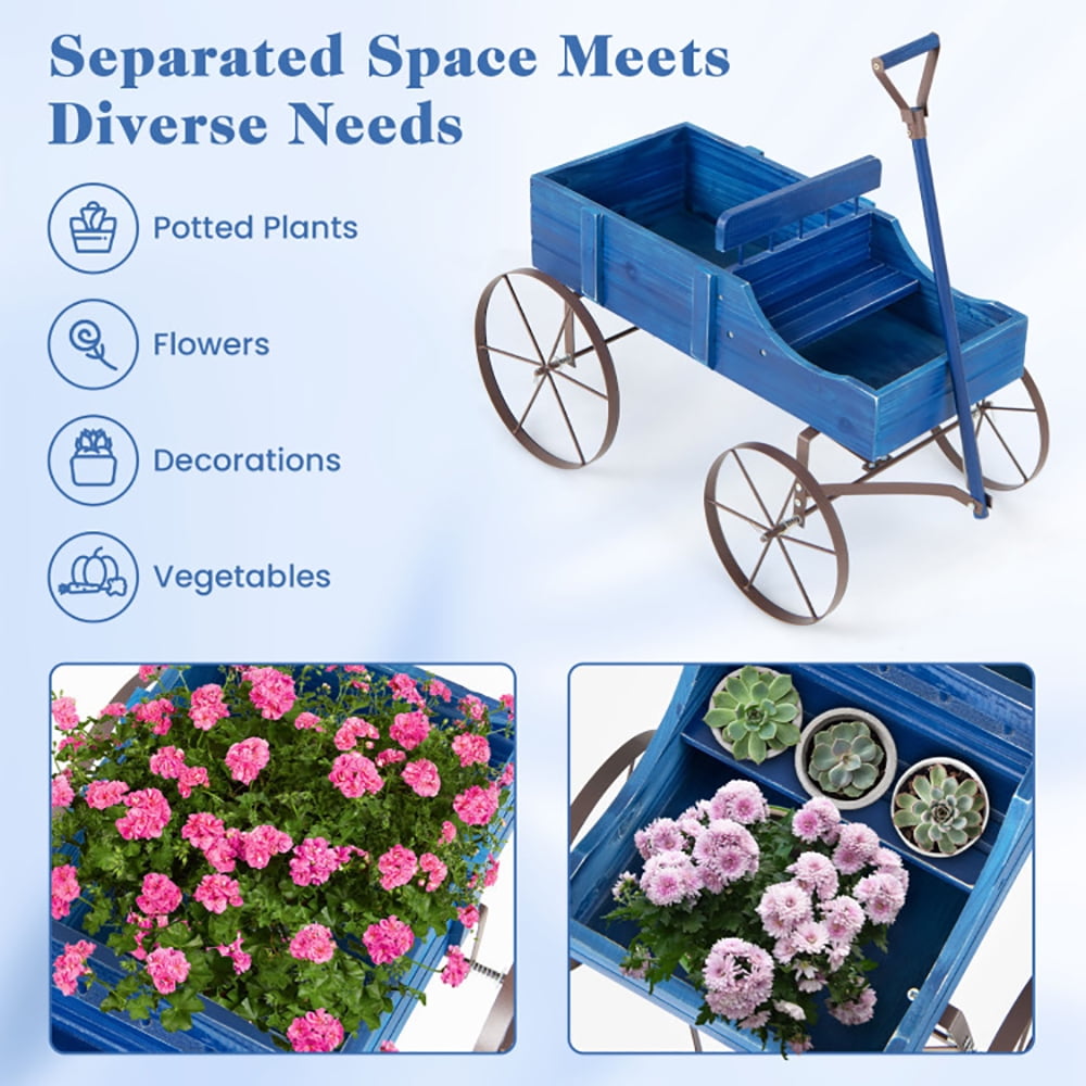 Resenkos Raised Planter Boxes, Large Space Elevated Flower Beds,Wooden Wagon Plant Bed with Metal Wheels for Garden Yard Patio-Blue