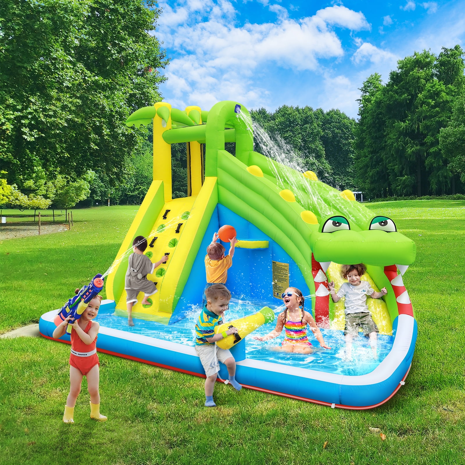 Inflatable Water Slide：5 in 1 Crocodile Bounce House Water Park for Kids - Climbing Wall Splash Pool Water Cannon Basketball Rim - 480W Blower - for Indoor Outdoor Backyard Birthday Party