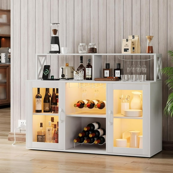 Home Wine Bar Cabinet with LED Light, Industry Coffee Bar Cabinet with Wine Rack, Glass Holder, and Power Outlets, Kitchen Sideboard Buffet Cabinet for Living Room Dining Room