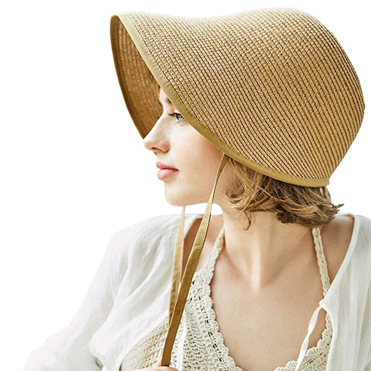 French Straw Bonnet Cap for Women Victorian Sun Hat Chin Strap Foldable Ladies Vacation Summer Beach Bucket Hats