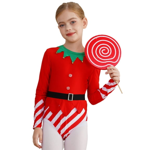 TSSOE Kids Girls Christmas Elf Santa Outfits Long Sleeves Christmas Leotard Bodysuit Dancewear Red 12