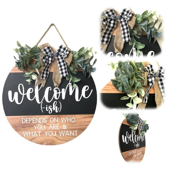 12" Welcome-ish Funny Front Door Sign, Round Wooden Farmhouse Porch Decor with Buffalo Plaid Bow & Eucalyptus, Humorous Hanging Doorplate for Home Entryway, Housewarming Gift, Black/Natural