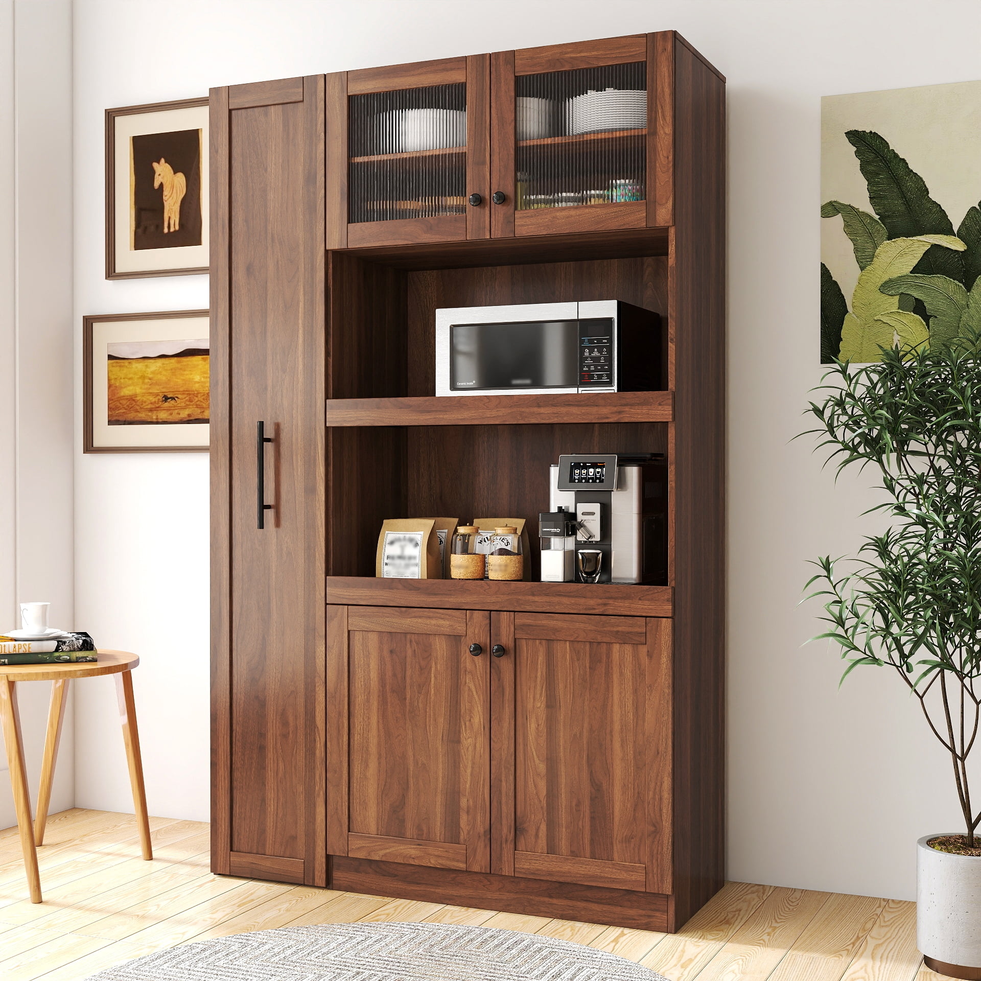 Mintazer 70" Tall Kitchen Pantry Cabinet with Pull-Out storage shelf, Freestanding Storage Cabinet with 4 Doors for Kitchen Pantry Dining Room, Walnut Brown