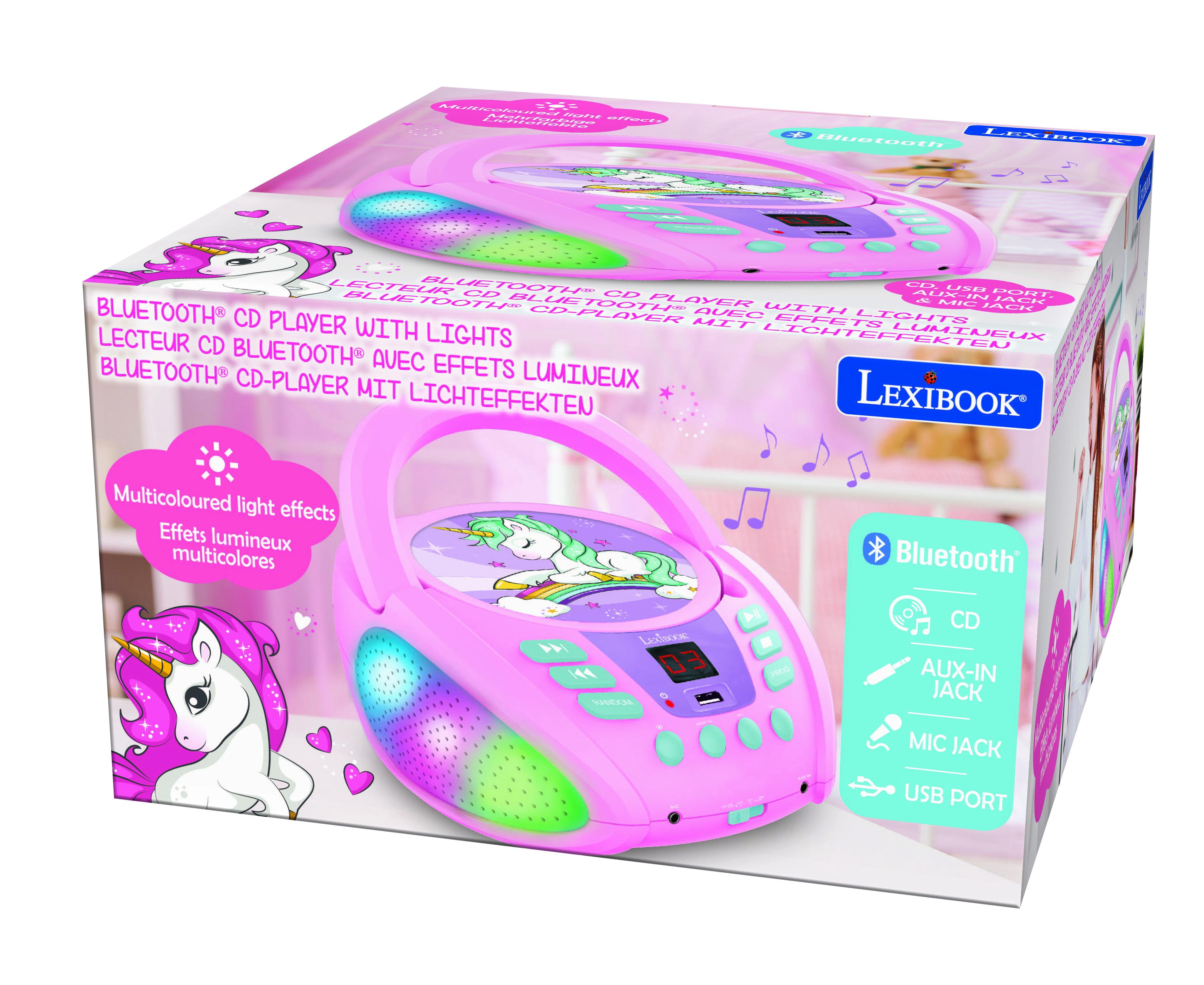 Lexibook Unicorn - Bluetooth CD player for kids – Portable, Multicoloured light effects, Microphone jack, Aux-in jack, AC or battery-operated, Girls, Boys, Pink