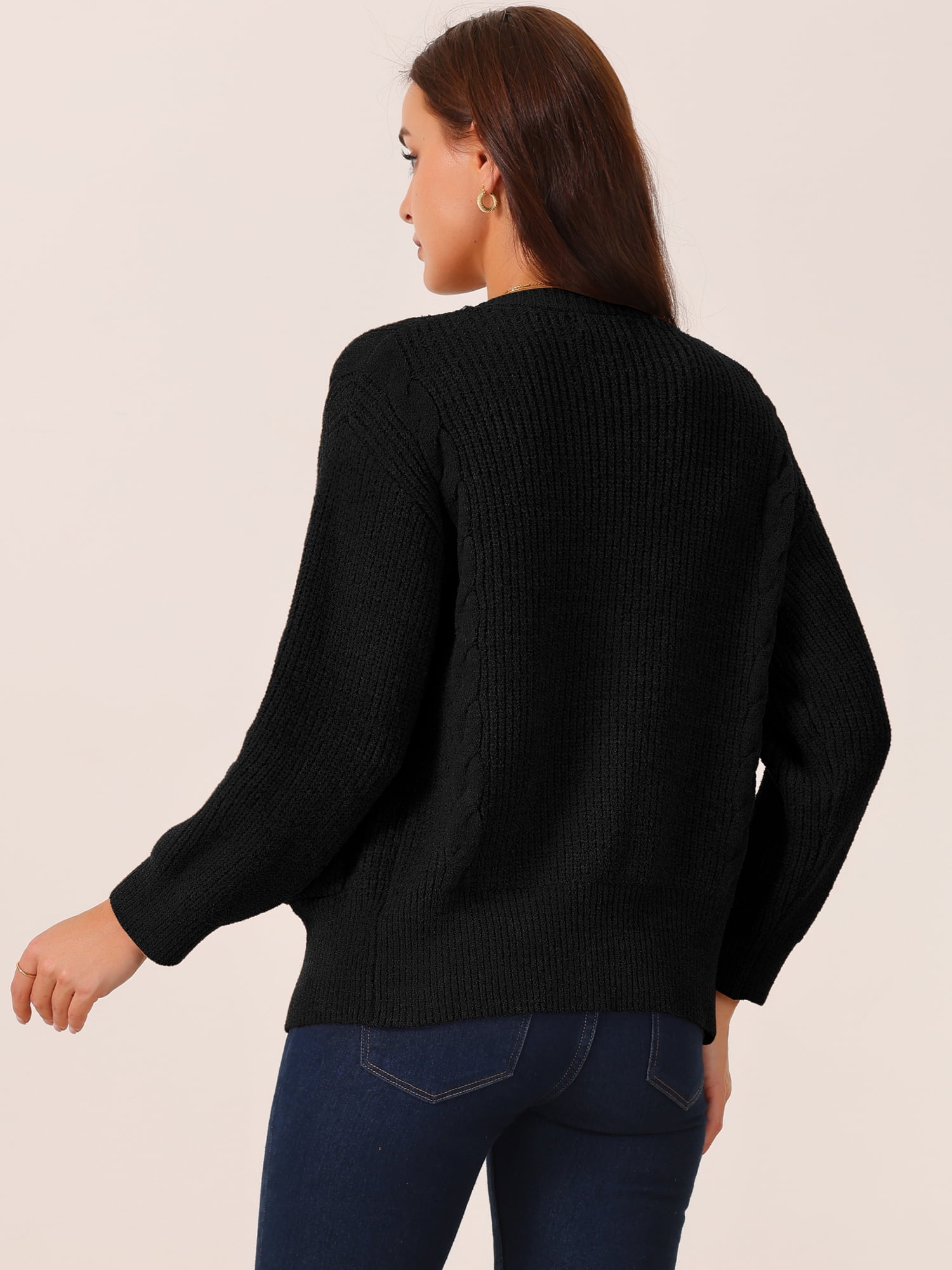DARING DIVA Women's Open Front Knitted Casual Cardigan with Pockets L Black