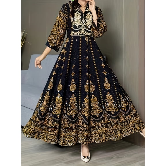 MORTTIC Women's Boho V-Neck Maxi Dress Elegant 3/4 Sleeve Ethnic Floral Print Swing Dress